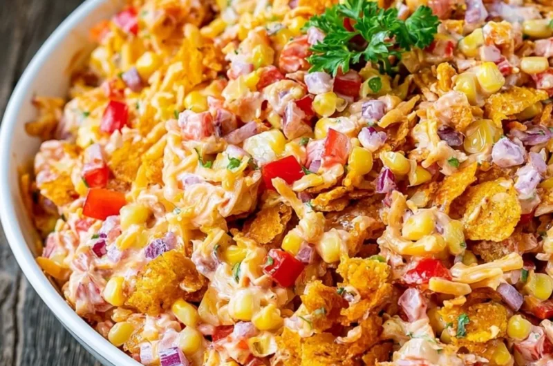 Fritos Chili Cheese Salad featuring chili, cheese, and Fritos corn chips in a colorful presentation