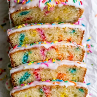 Slice of Funfetti Pound Cake with colorful sprinkles on top