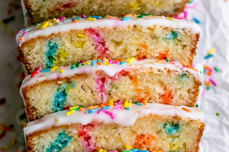 Slice of Funfetti Pound Cake with colorful sprinkles on top