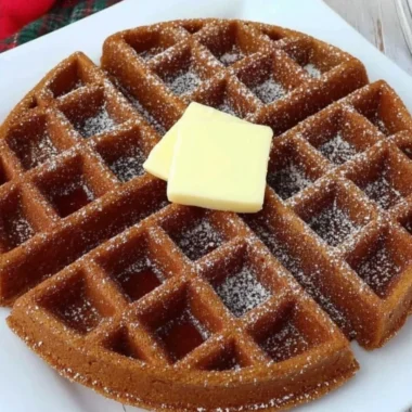 Delicious homemade gingerbread waffles topped with syrup and whipped cream.