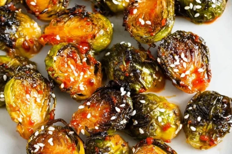 Gochujang roasted Brussels sprouts served in a bowl garnished with sesame seeds