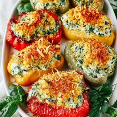 Herby Ricotta Stuffed Peppers garnished with fresh herbs