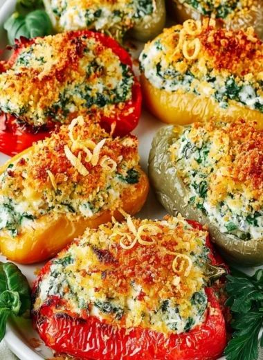 Herby Ricotta Stuffed Peppers garnished with fresh herbs