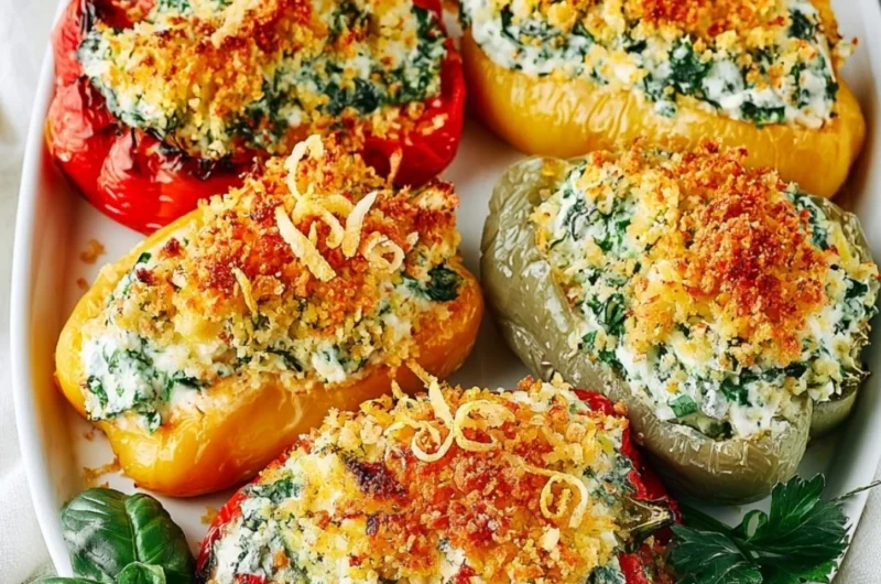 Herby Ricotta Stuffed Peppers garnished with fresh herbs