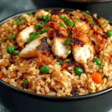 High protein crispy garlic chicken fried rice served in a bowl
