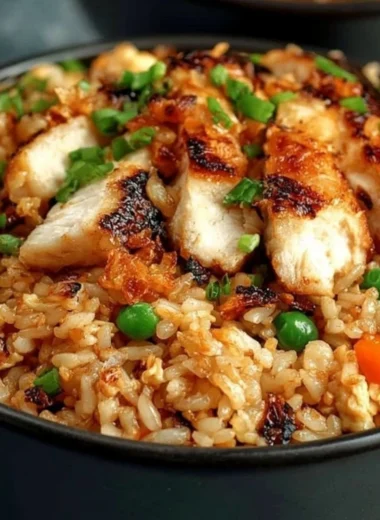 High protein crispy garlic chicken fried rice served in a bowl