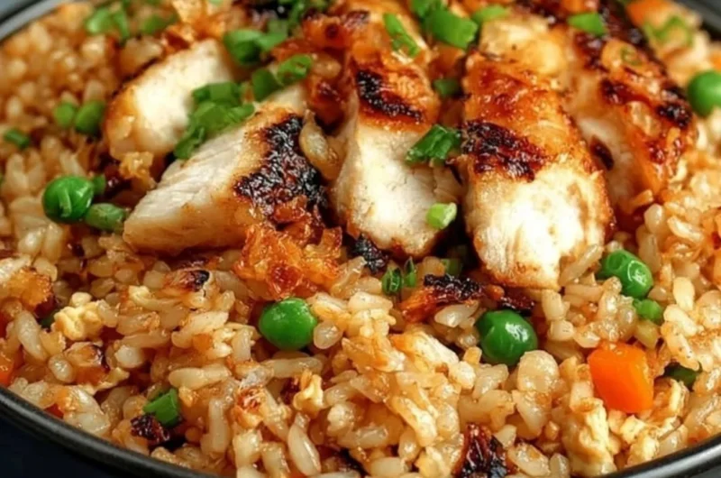 High protein crispy garlic chicken fried rice served in a bowl