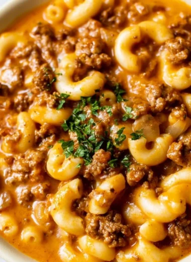Delicious homemade hamburger helper served in a bowl with a spoon