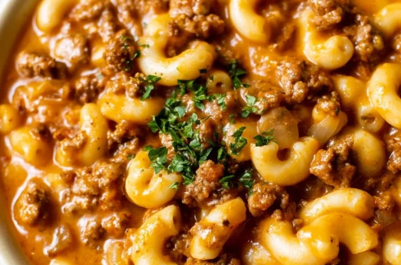 Delicious homemade hamburger helper served in a bowl with a spoon