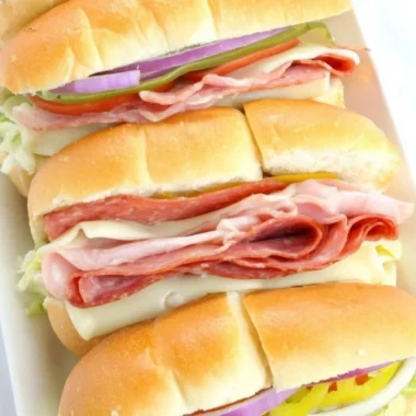 Delicious hot Italian subs with meats and cheeses