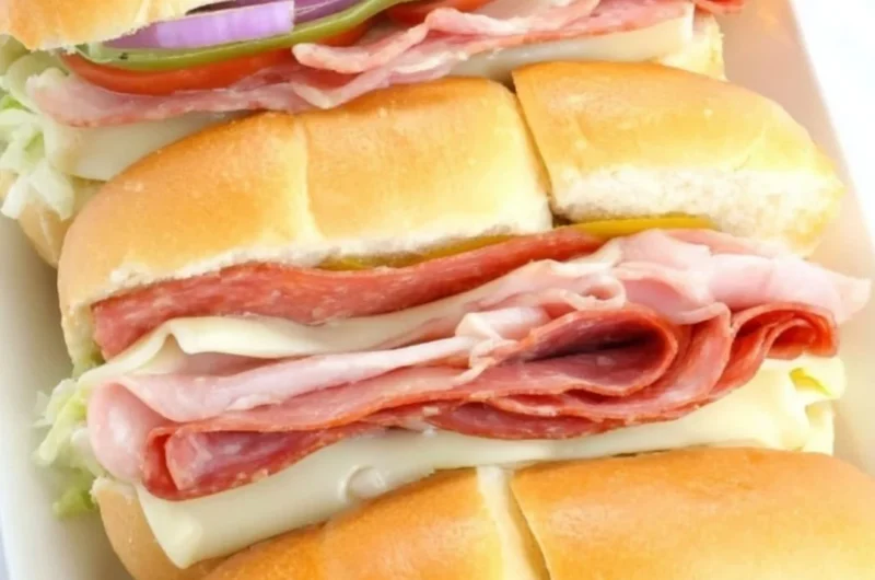 Delicious hot Italian subs with meats and cheeses