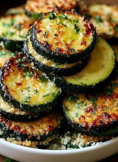 Crunchy Garlic Parmesan Roasted Zucchini on a plate ready to serve.
