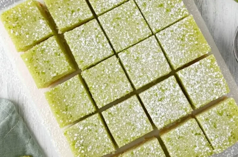 Delicious lime bars on a white plate garnished with lime slices