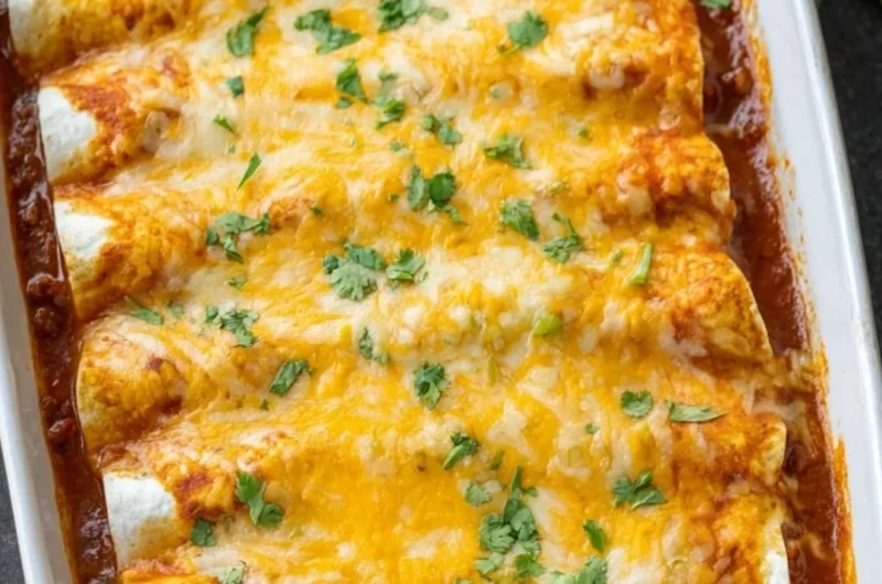 Plate of meaty enchiladas topped with cheese and cilantro