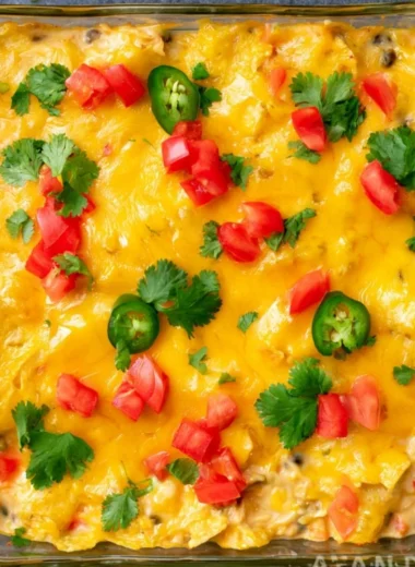Mexican Chicken Casserole served in a baking dish garnished with herbs