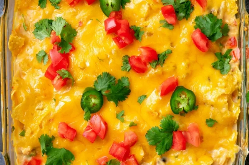 Mexican Chicken Casserole served in a baking dish garnished with herbs