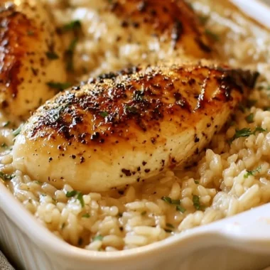 Delicious No Peek Chicken Casserole with tender chicken and creamy sauce.
