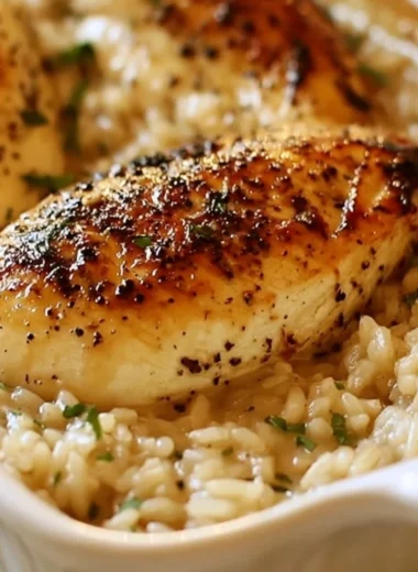 Delicious No Peek Chicken Casserole with tender chicken and creamy sauce.