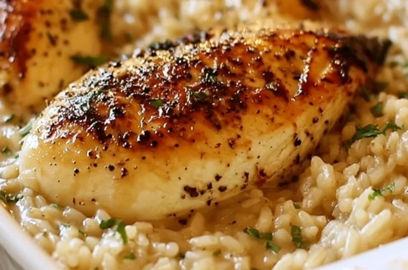Delicious No Peek Chicken Casserole with tender chicken and creamy sauce.