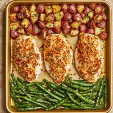 Delicious Parmesan Crusted Chicken on a sheet pan with vegetables.