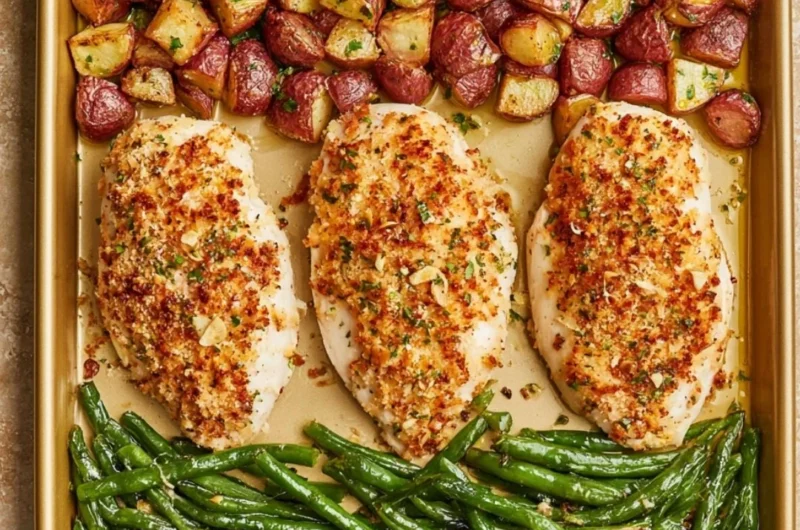 Delicious Parmesan Crusted Chicken on a sheet pan with vegetables.