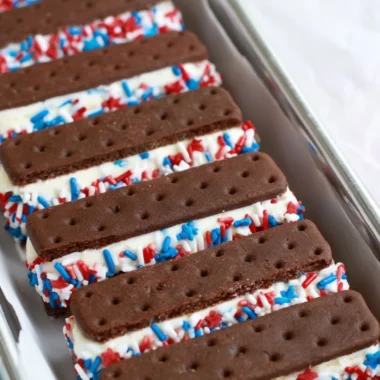 Patriotic mini ice cream sandwiches with red, white, and blue colors