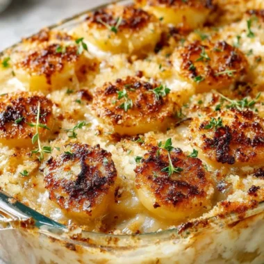 Creamy pour-over sauce over baked potatoes in a casserole dish for winter dinner.