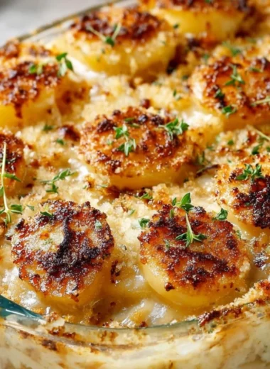 Creamy pour-over sauce over baked potatoes in a casserole dish for winter dinner.