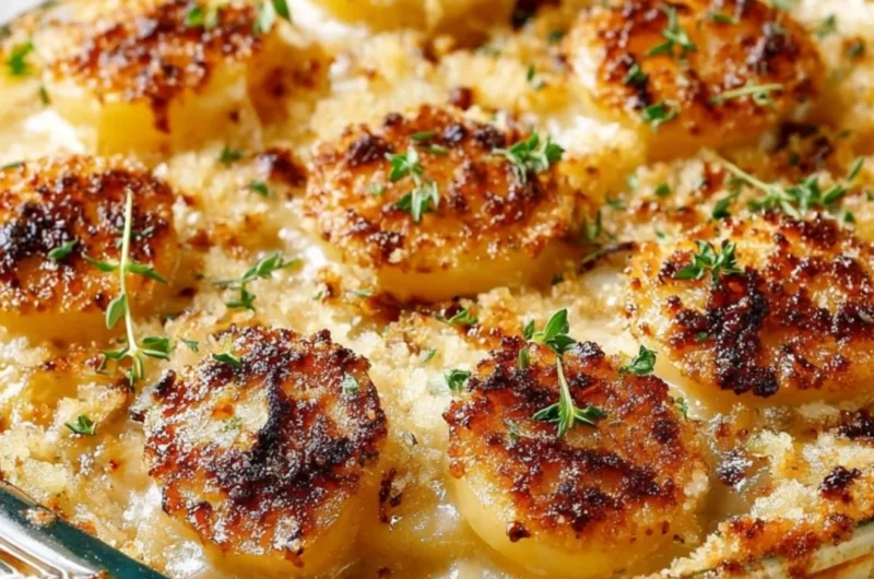 Creamy pour-over sauce over baked potatoes in a casserole dish for winter dinner.