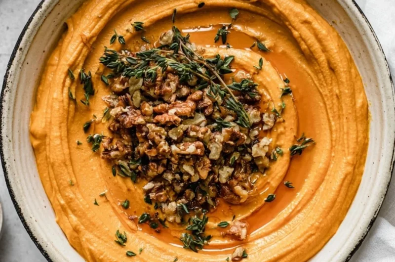 Delicious pumpkin whipped feta spread served in a bowl, garnished with herbs.