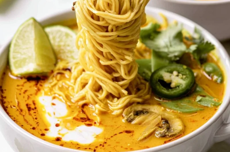 Quick vegan curry dish served with rice and fresh herbs