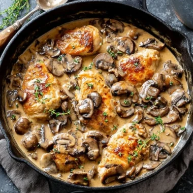 Skillet chicken with mushrooms in a pan, ready to serve