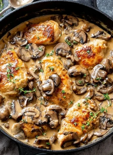 Skillet chicken with mushrooms in a pan, ready to serve