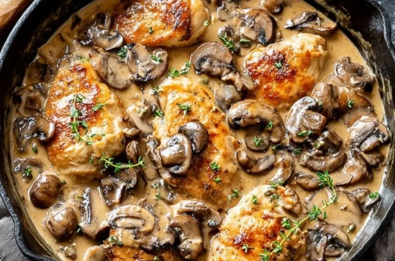 Skillet chicken with mushrooms in a pan, ready to serve