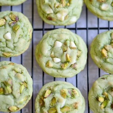Delicious soft and chewy pistachio pudding cookies on a baking tray