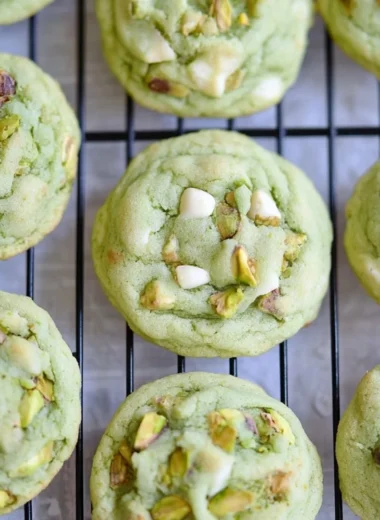 Delicious soft and chewy pistachio pudding cookies on a baking tray