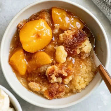 Homemade Southern peach cobbler topped with fresh peaches and a golden crust