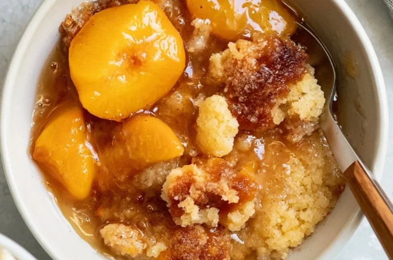 Homemade Southern peach cobbler topped with fresh peaches and a golden crust