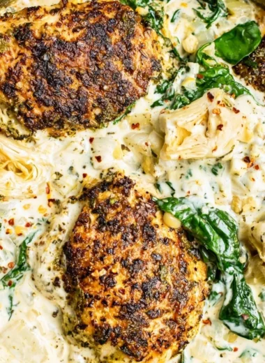 Delicious spinach artichoke chicken skillet topped with cheese.