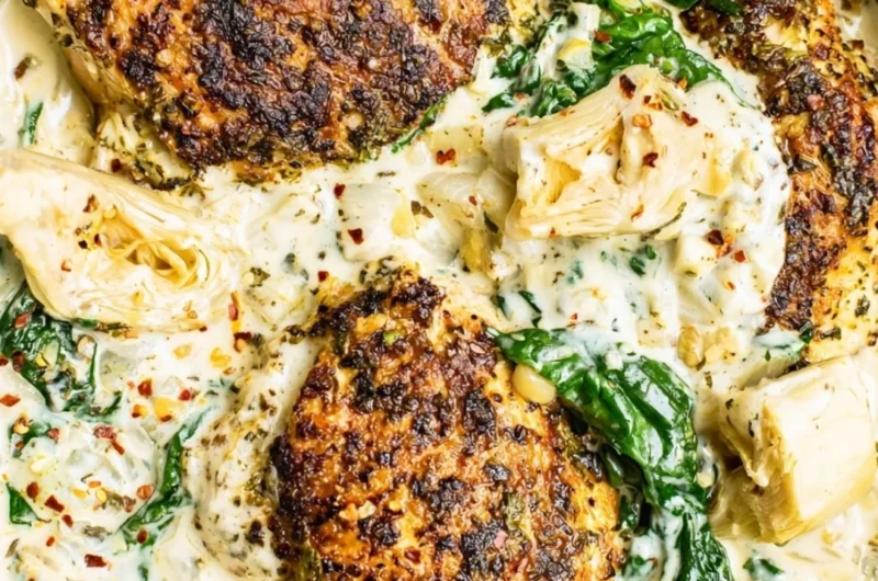Delicious spinach artichoke chicken skillet topped with cheese.