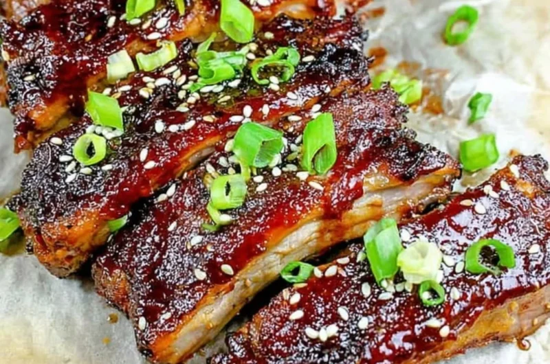 Delicious sticky Asian ribs glazed with a savory sauce