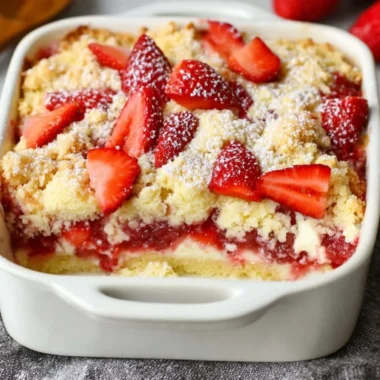 Easy strawberry cheesecake dump cake topped with fresh strawberries and cream.