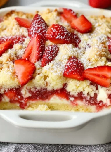 Easy strawberry cheesecake dump cake topped with fresh strawberries and cream.