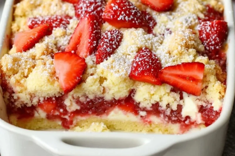 Easy strawberry cheesecake dump cake topped with fresh strawberries and cream.