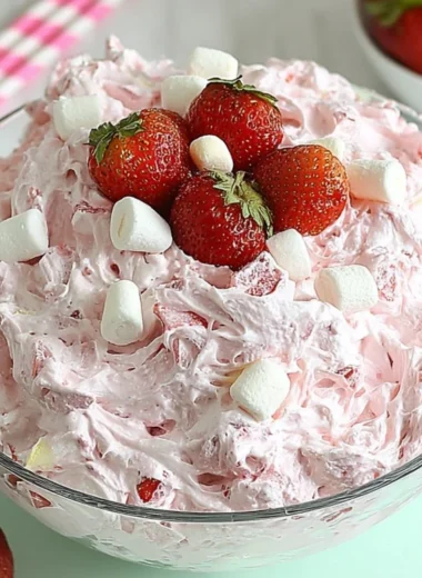 Fresh Strawberry Fluff Salad with whipped cream and marshmallows