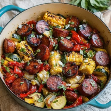 Sizzling summer sausage skillet with colorful vegetables in a pan