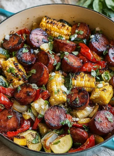 Sizzling summer sausage skillet with colorful vegetables in a pan