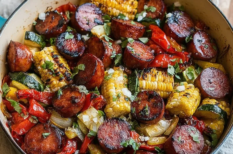 Sizzling summer sausage skillet with colorful vegetables in a pan