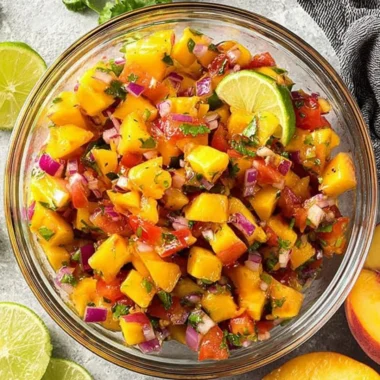 A bowl of sweet and spicy peach salsa with fresh ingredients
