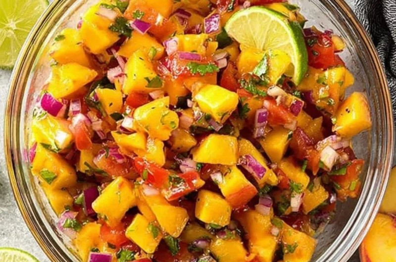 A bowl of sweet and spicy peach salsa with fresh ingredients